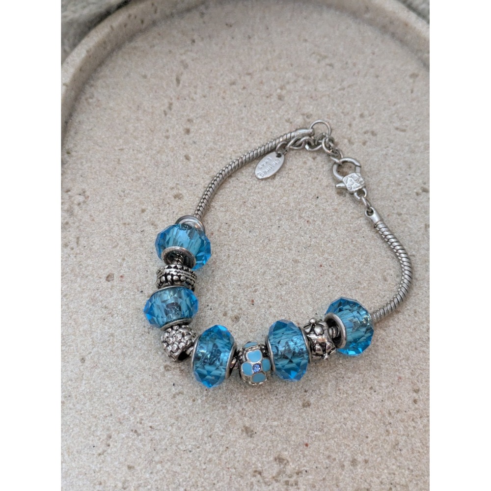 Charmed Links Charm Bracelet Silver Tone Teal Blue Beads Artsy Classic Floral